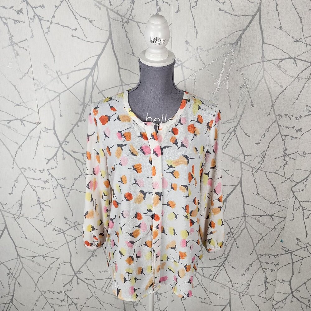 C&E Orange Pink Floral Print Stretch Crepe Button Up Blouse
